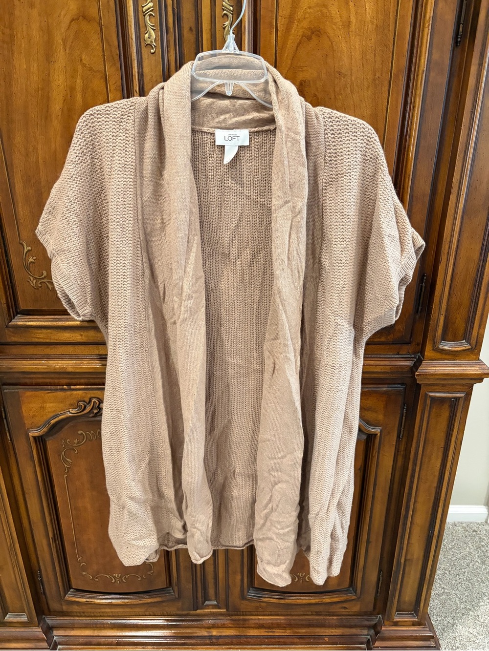LOFT Taupe Open-Front Short Sleeve Knit Cardigan Like NEW